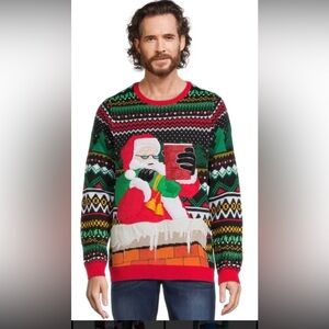 Holiday Time Men's Crewneck Sweater in Red, Green & Black with Santa Graphic